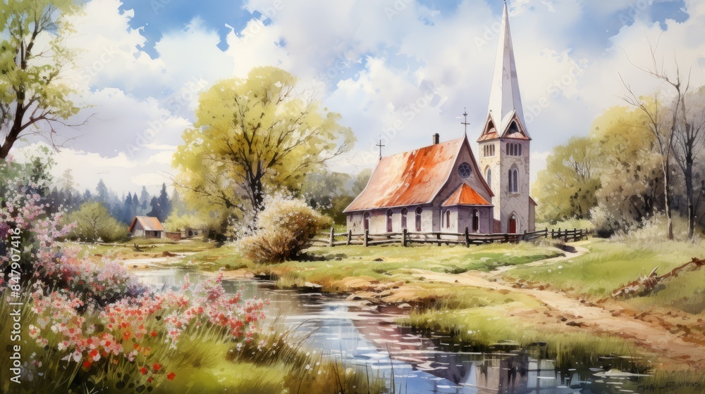Obraz premium Watercolor of a modern church in a small village
