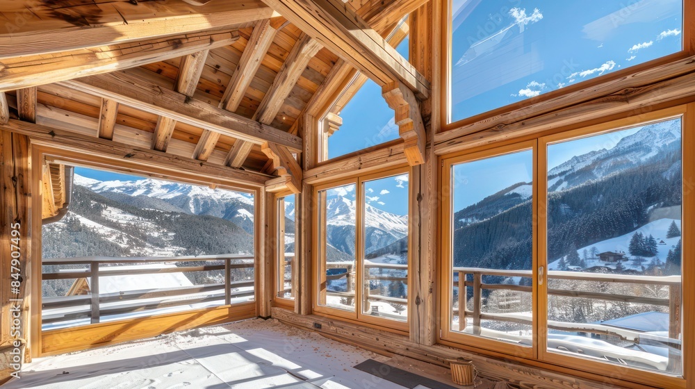 picturesque chalet in the mountains, featuring wooden beams and large windows picturesque chalet in the mountains, featuring wooden beams and large windows