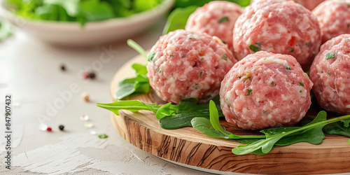 Minced raw meatballs with greens on a wooden board on a light-colored table