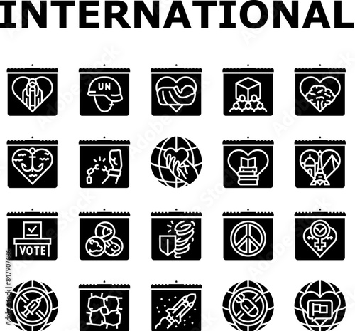 international holiday day icons set vector. girl child, peacekeepers, midwife, cooperatives, forests, seafarer, victims slavery international holiday day glyph pictogram Illustrations