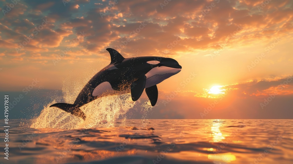 Fototapeta premium A killer whale leaps from the sea and seas with a splash
