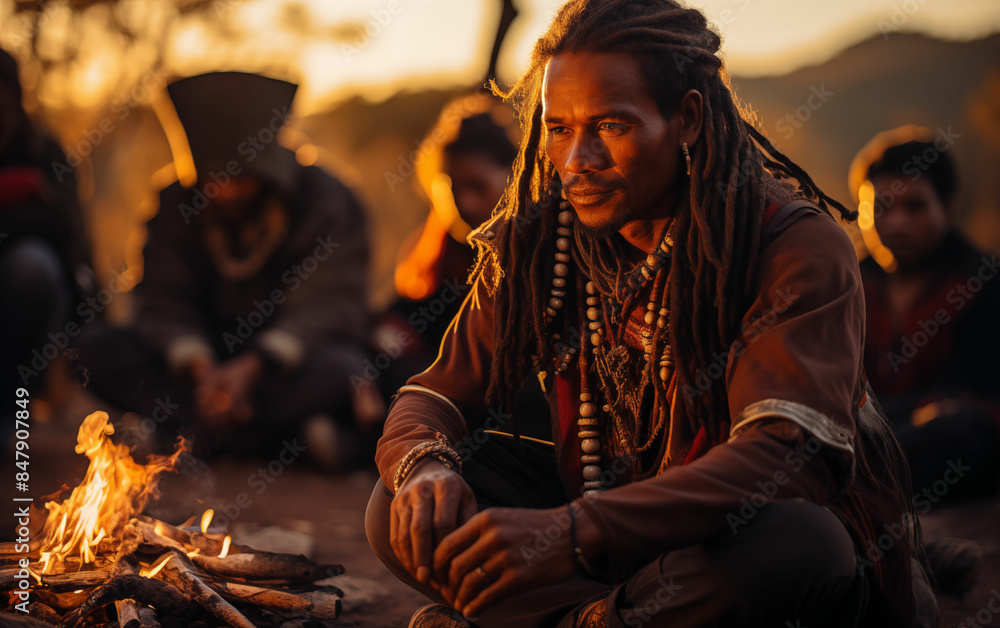 Man with dreadlocks sitting by fire. Generative AI Man with dreadlocks sitting by fire. Generative AI
