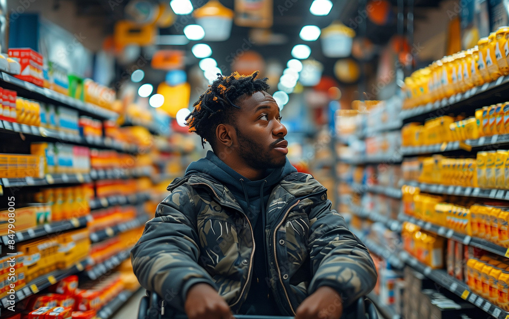 Man standing in grocery store aisle. Generative AI Man standing in grocery store aisle. Generative AI