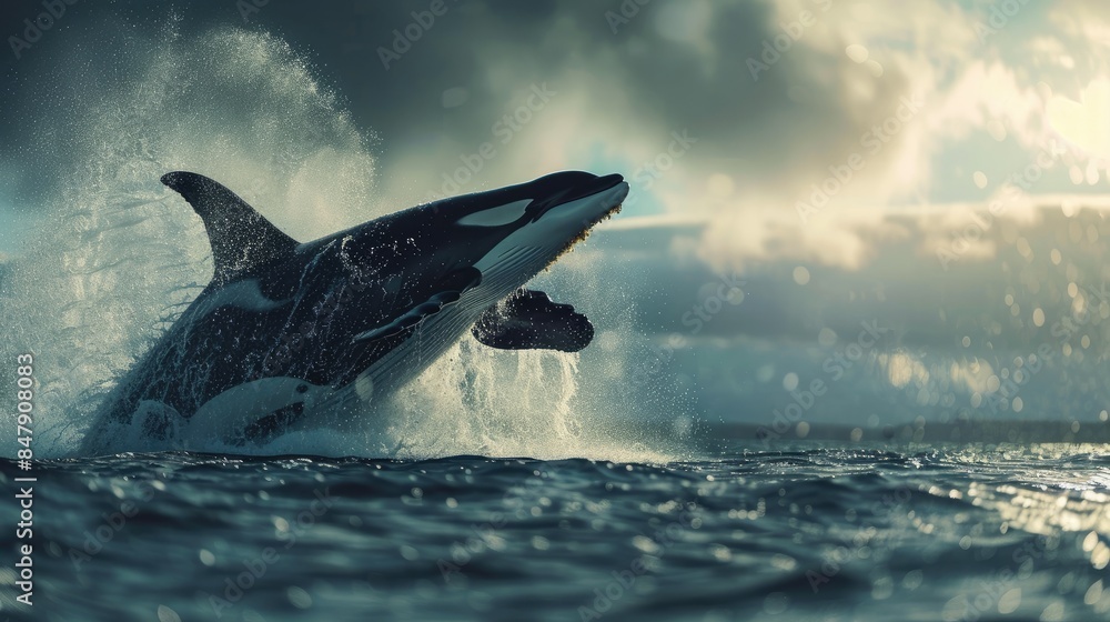 Fototapeta premium A killer whale leaps from the sea and seas with a splash