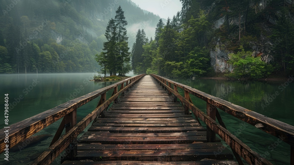 Fototapeta premium A long lonely ancient wooden bridge