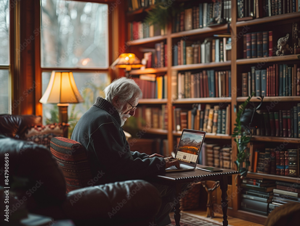 Man working on laptop in chair. Generative AI Man working on laptop in chair. Generative AI