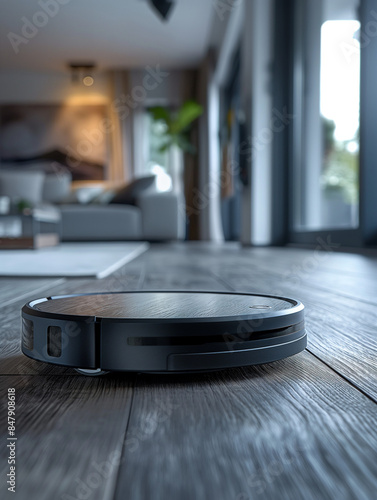 Laminate floor is washed by a white vacuum cleaner robot, close-up, depth of field, blurred image of a room in gray tones on the background