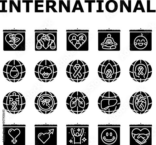 international day holidays icons set vector. family children, tolerance and yoga, water food, cancer diabetes, mental health international day holidays glyph pictogram Illustrations