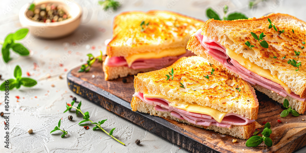 Slices Sandwich with ham, cheese and toasted bread on colored background with copy space Slices Sandwich with ham, cheese and toasted bread on colored background with copy space