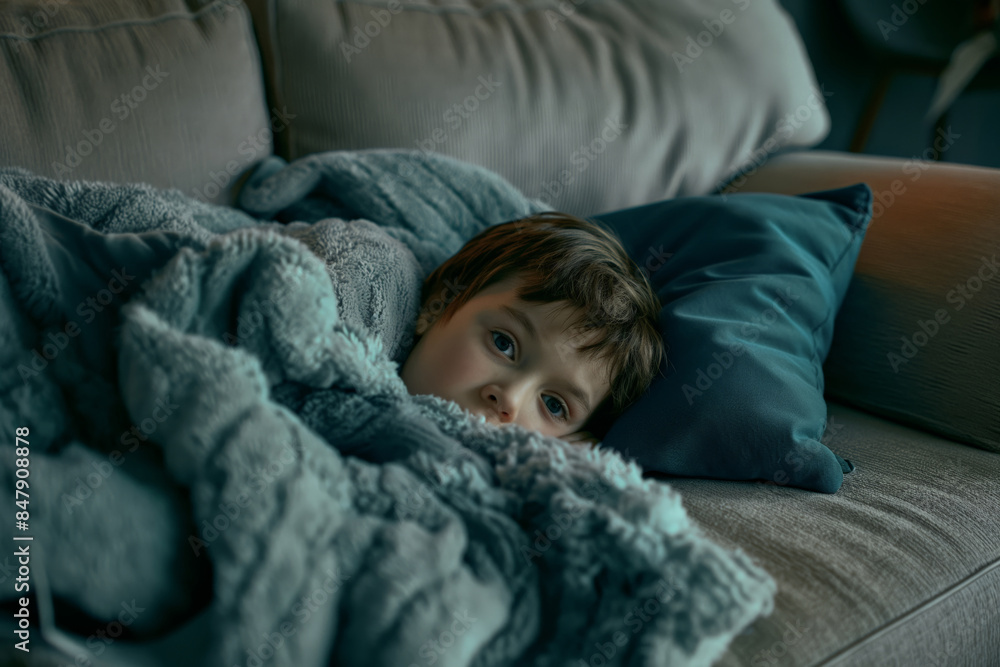 A young boy lying on the sofa, covered with a gray blanket, showing flu symptoms. A young boy lying on the sofa, covered with a gray blanket, showing flu symptoms.