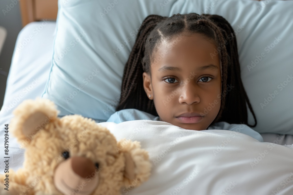 African American girl in bed sick lying down holding bear toy African American girl in bed sick lying down holding bear toy