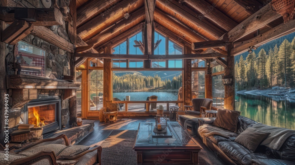 rustic cabin by a serene lake, featuring wooden beams and a cozy fireplace rustic cabin by a serene lake, featuring wooden beams and a cozy fireplace