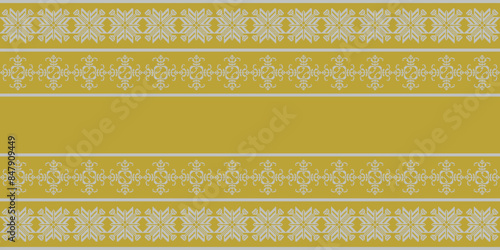 Elegant Textile Border with Floral Motif. Vintage Textile Border for Classic Designs. Colorful Textile Border with Geometric Patterns with copy space area.