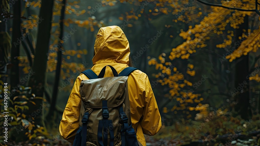 A woman hiking in the forest wears a yellow raincoat with a backpack A woman hiking in the forest wears a yellow raincoat with a backpack