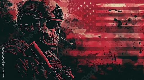 US brave veteran skull showing power and stregth afraid of death and scars with US flag and armoury; vector --ar 16:9 --fast --style raw --stylize 250 Job ID: f8036b1b-5f52-4818-90f8-1dc698dec9dc