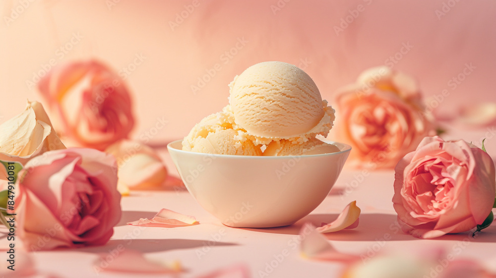 Two scoops of vanilla ice cream close-up, decorated with fresh rosebuds, soft bokeh in the background. Two scoops of vanilla ice cream close-up, decorated with fresh rosebuds, soft bokeh in the background.