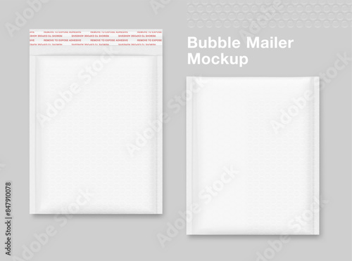 Bubble mailer padded envelope shipping bag opened and closed mockups. Vector illustration isolated on grey background. Ready for your design. EPS10