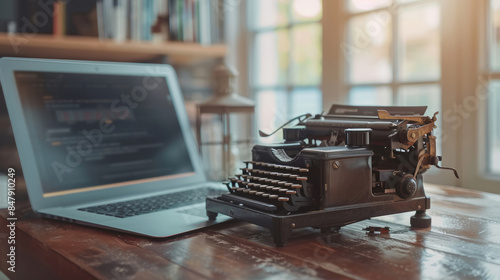 Old typewriter and modern laptop on vintage wooden desk