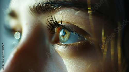 Close-up of woman's eye with focused lashes and colored iris photo
