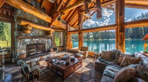 rustic log cabin by a serene lake, featuring wooden beams and a stone fireplace photo