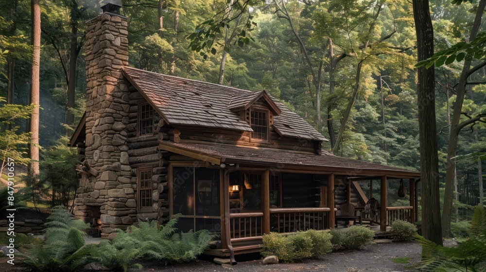 rustic log cabin nestled in a forest, with a stone chimney and a cozy porch rustic log cabin nestled in a forest, with a stone chimney and a cozy porch