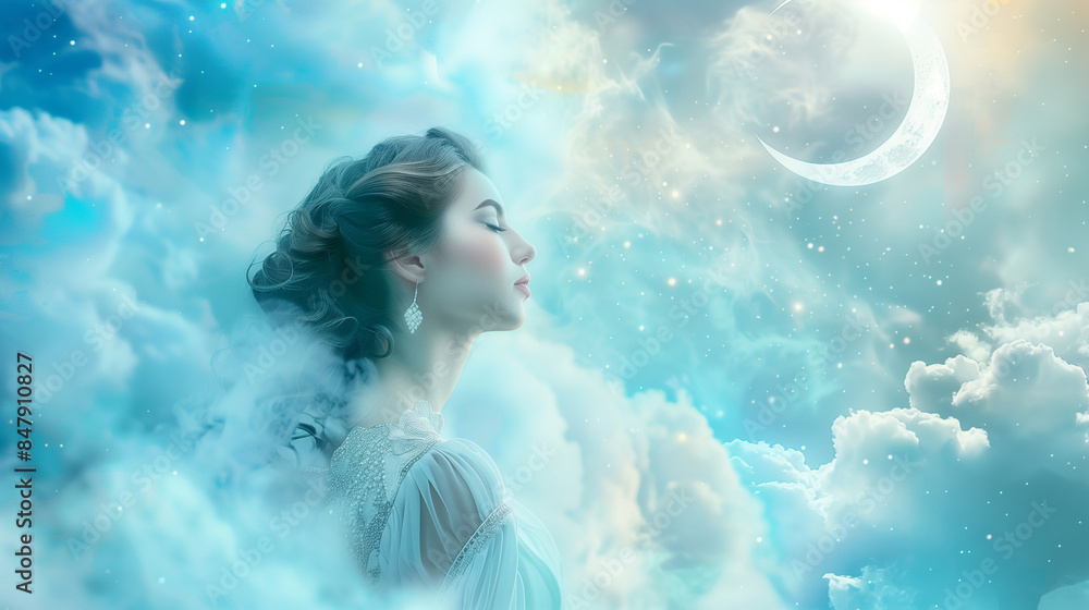 Enchanting portrait of a serene woman embodying the Cancer zodiac sign, adorned with celestial lunar elements and shimmering blue accents, capturing a mystical and dreamy essence Enchanting portrait of a serene woman embodying the Cancer zodiac sign, adorned with celestial lunar elements and shimmering blue accents, capturing a mystical and dreamy essence