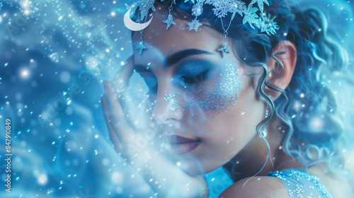 Enchanting portrait of a serene woman embodying the Cancer zodiac sign, adorned with celestial lunar elements and shimmering blue accents, capturing a mystical and dreamy essence