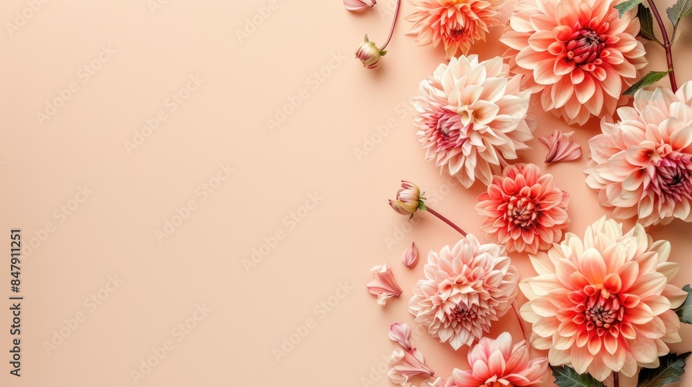 Obraz premium Autumn dahlias flowers bouquet on beige background