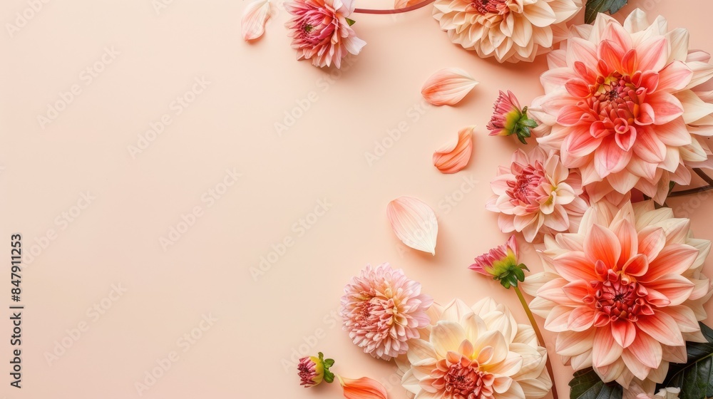 Obraz premium Autumn dahlias flowers bouquet on beige background