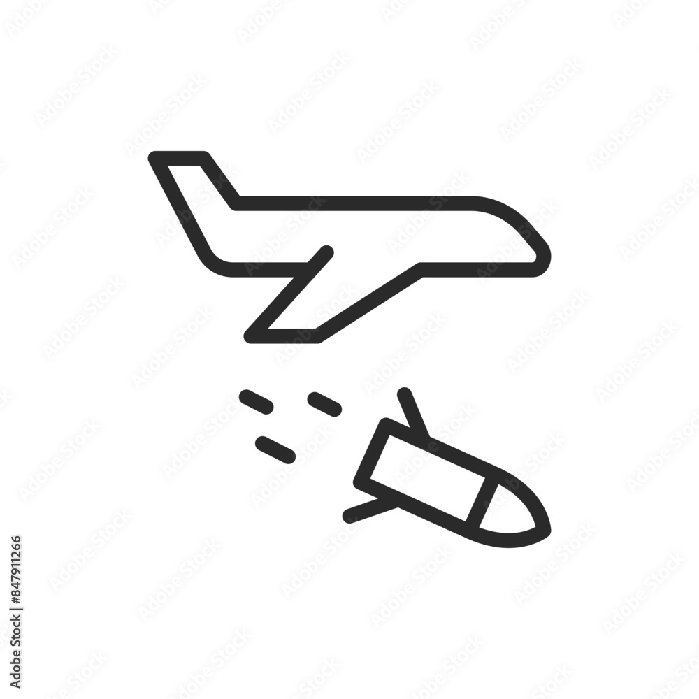 Airplane dropping a bomb, linear style icon. An airplane in flight, dropping a bomb, military action and conflict. Editable stroke width. Airplane dropping a bomb, linear style icon. An airplane in flight, dropping a bomb, military action and conflict. Editable stroke width.