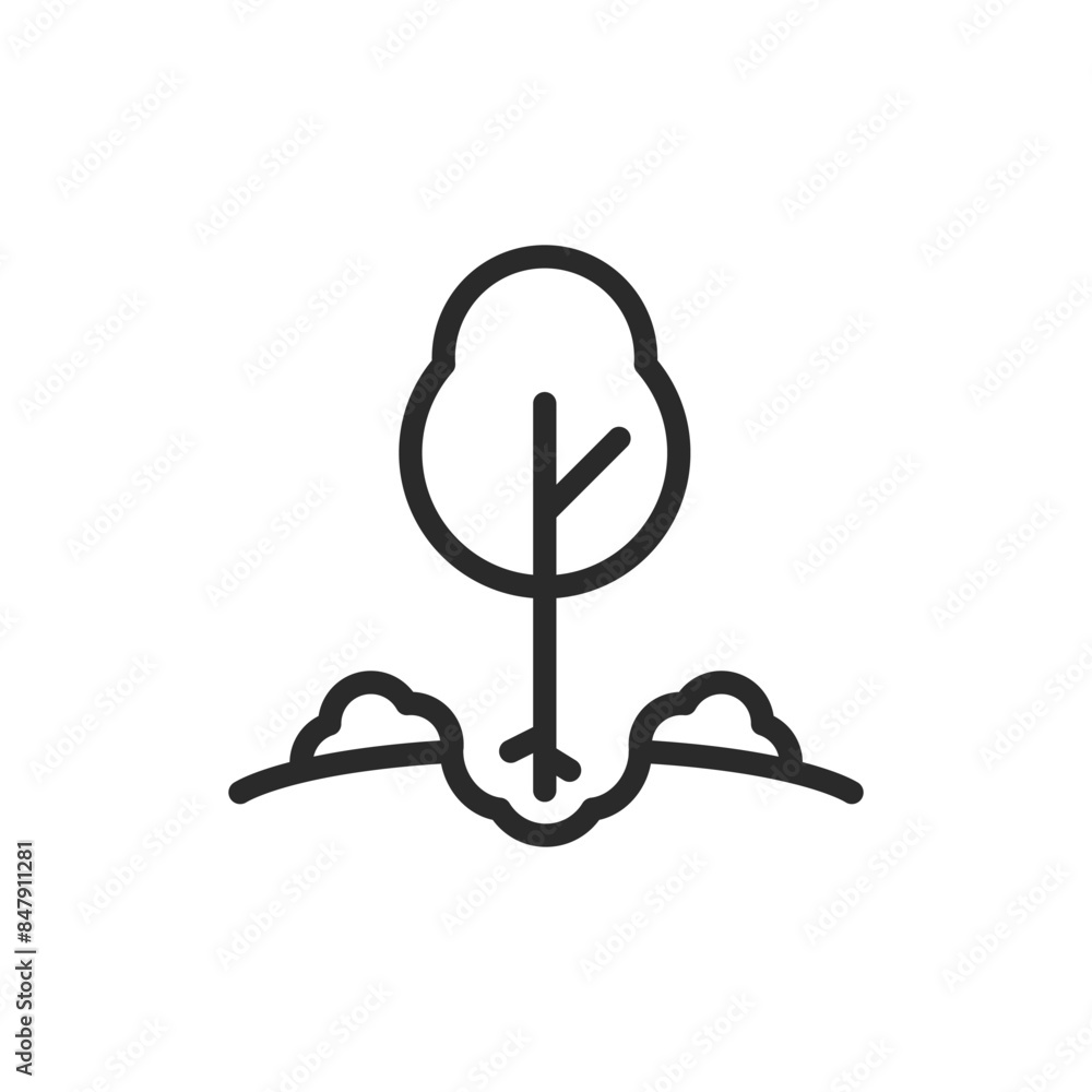 Tree planting, linear style icon. Tree being planted in dug hole. Editable stroke width Tree planting, linear style icon. Tree being planted in dug hole. Editable stroke width