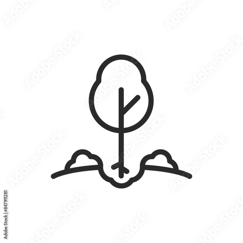 Tree planting, linear style icon. Tree being planted in dug hole. Editable stroke width