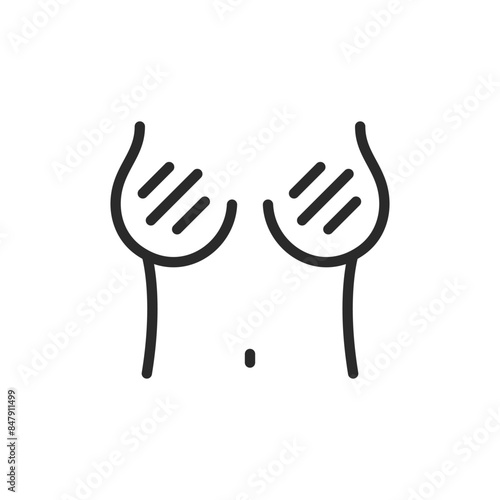 Breast pain, linear style icon. Woman with breast tenderness. discomfort or pain in the chest. Editable stroke width