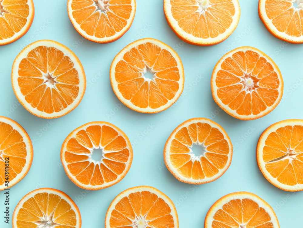 Pattern of Fresh Orange Slices on Light Blue Background Pattern of Fresh Orange Slices on Light Blue Background