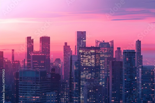 Modern Urban Twilight Scene: An abstract, minimalistic cityscape with towering skyscrapers © Mari