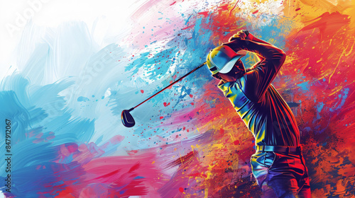Colorful illustration of a golfer in mid-swing, with a vibrant blue and orange background