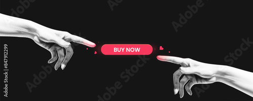 Hands reaching for the Buy now button. In the style of a renaissance painting . Black vector banner with white  and redelement. Cover online shop template. Collage trend style.