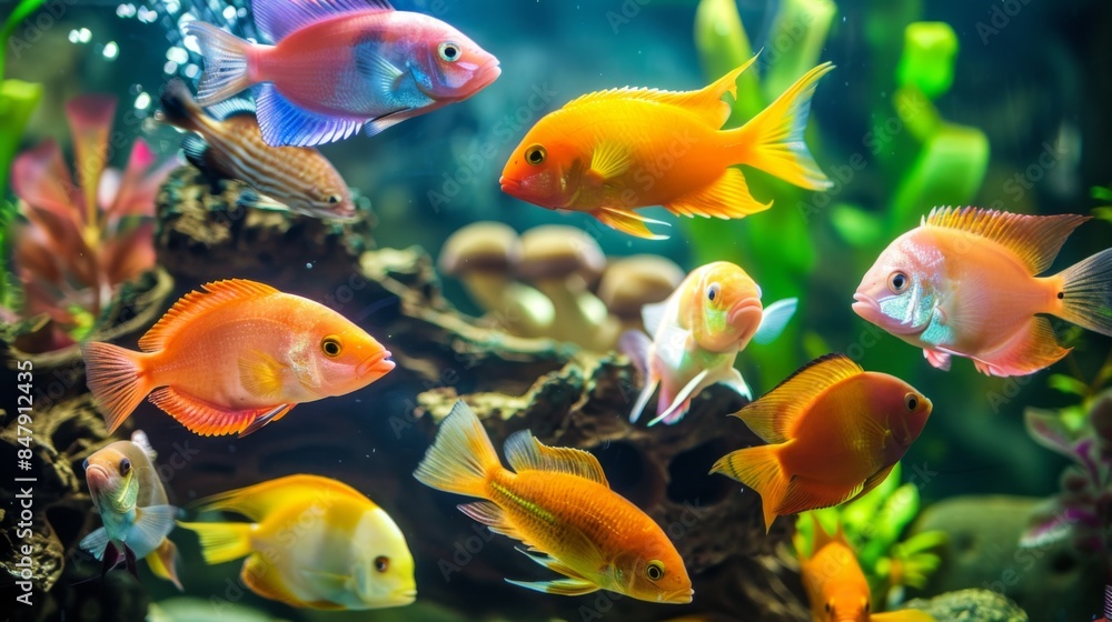 A group of colorful fish swimming gracefully in a well-decorated aquarium. A group of colorful fish swimming gracefully in a well-decorated aquarium.