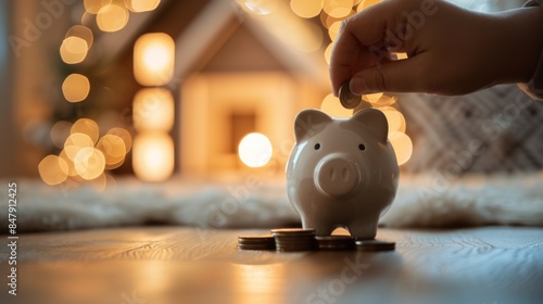 Wallpaper Mural A hand placing a coin into a piggy bank, with a blurred background of a cozy home. Torontodigital.ca