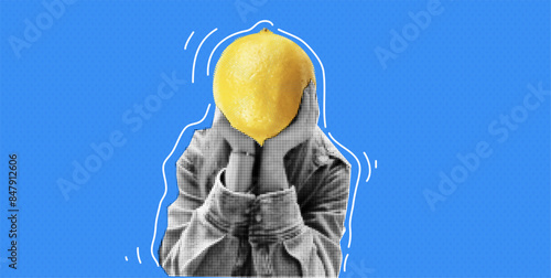 Contemporary Collage at the food concept. Woman with lemon head. Surprised Funky Background. Blue and yellow funky design. Bold and bright. Surreal artwork with photo elements
