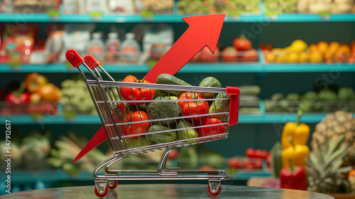 Illustration of rising grocery prices depicted as a financial graph with a 3D rendered arrow, symbolizing an inflation crisis in food costs