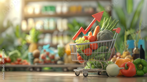 Obraz na płótnie Illustration of rising grocery prices depicted as a financial graph with a 3D rendered arrow, symbolizing an inflation crisis in food costs w salonie