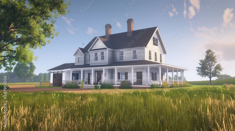 spacious farmhouse with a wrap-around porch, barn-style doors, and sprawling fields spacious farmhouse with a wrap-around porch, barn-style doors, and sprawling fields