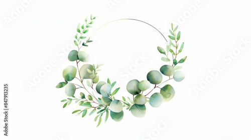 Watercolor baby blue eucalyptus wreath for wedding cards, silver dollar eucalyptus tree foliage in circle, herbs, leaves, branch, greenery frame. Decorative design elements in rustic elegant style