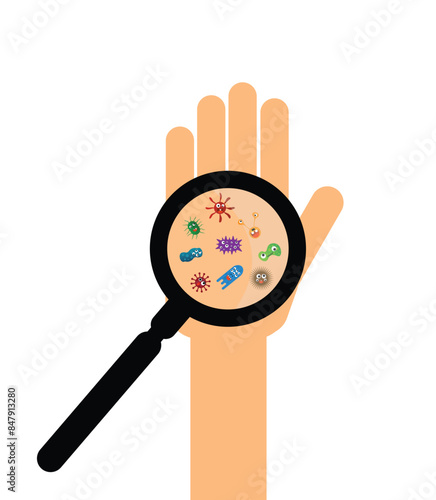 Magnifying Glass Showing Bacteria and Microbes on Hand. Healthcare, hygiene and medicine concept vector