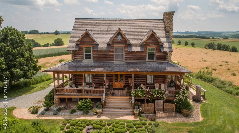 spacious farmhouse with a wrap-around porch, barn-style doors, and sprawling fields spacious farmhouse with a wrap-around porch, barn-style doors, and sprawling fields