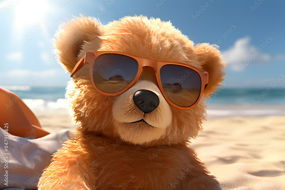 Cute teddy bear with sunglasses relaxing on the tropical beach Summer Holiday Vacation Tourism Concept poly illustration Cute teddy bear with sunglasses relaxing on the tropical beach Summer Holiday Vacation Tourism Concept poly illustration