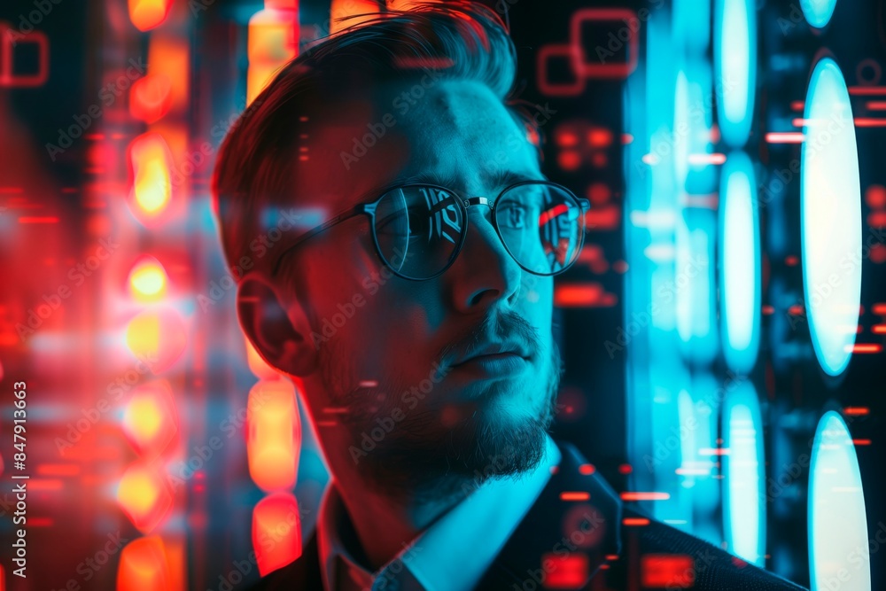 Cyber security officer portrait. Hacer attack prevention. Digital infographics. Blue and red hue Cyber security officer portrait. Hacer attack prevention. Digital infographics. Blue and red hue