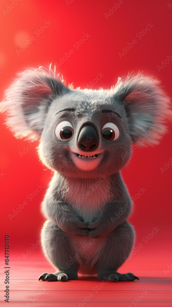 A cute, cartoon koala with big eyes stands on a red surface A cute, cartoon koala with big eyes stands on a red surface
