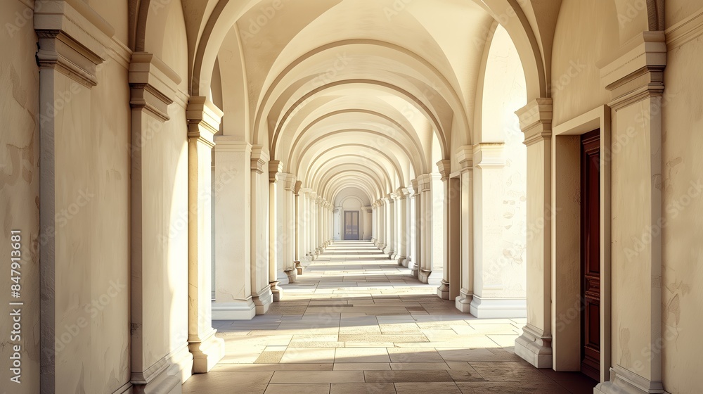 Long Hallway With Arches and Doorway.
